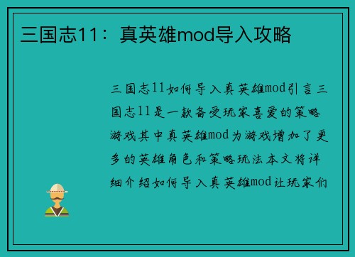 三国志11：真英雄mod导入攻略